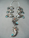 Authentc Native American Navajo Bear Turquoise Coral Sterling Silver Necklace-Nativo Arts