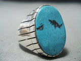 Gigantic Navajo Native American Old Kingman Turquoise Sterling Silver Ring-Nativo Arts