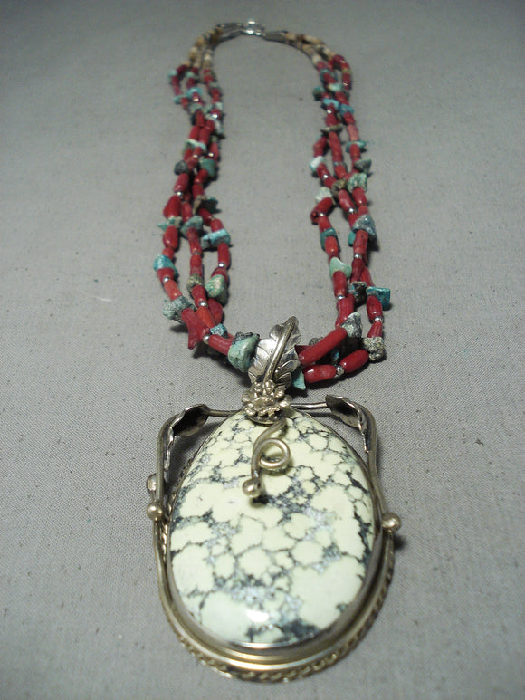 Incredible Vintage Native American Navajo Turquoise Coral Sterling Silver Necklace-Nativo Arts