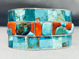 Native American Heavy 130 Gram Navajo Turquoise Coral Sterling Silver Wide Bracelet Cuff-Nativo Arts