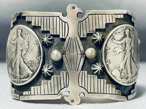 One Of The Most Unique Native American Thunderbord Sterling Silver Coin Bracelet-Nativo Arts