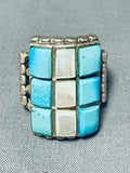 Amazing Vintage Native American Navajo 6 Turquoise 3 Mother Of Pearl Sterling Silver Ring-Nativo Arts