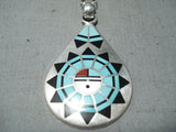 Marvelous Vintage Native American Zuni Turquoise Inlay Sunface Sterling Silver Necklace Old-Nativo Arts