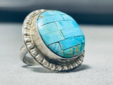 Huge Turquoise Brick Wall Native American Navajo Sterling Silver Inlay Ring-Nativo Arts