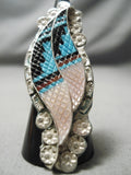 Amazing Hand Carved Zuni Native American Turquoise Sterling Silver Coral Ring-Nativo Arts
