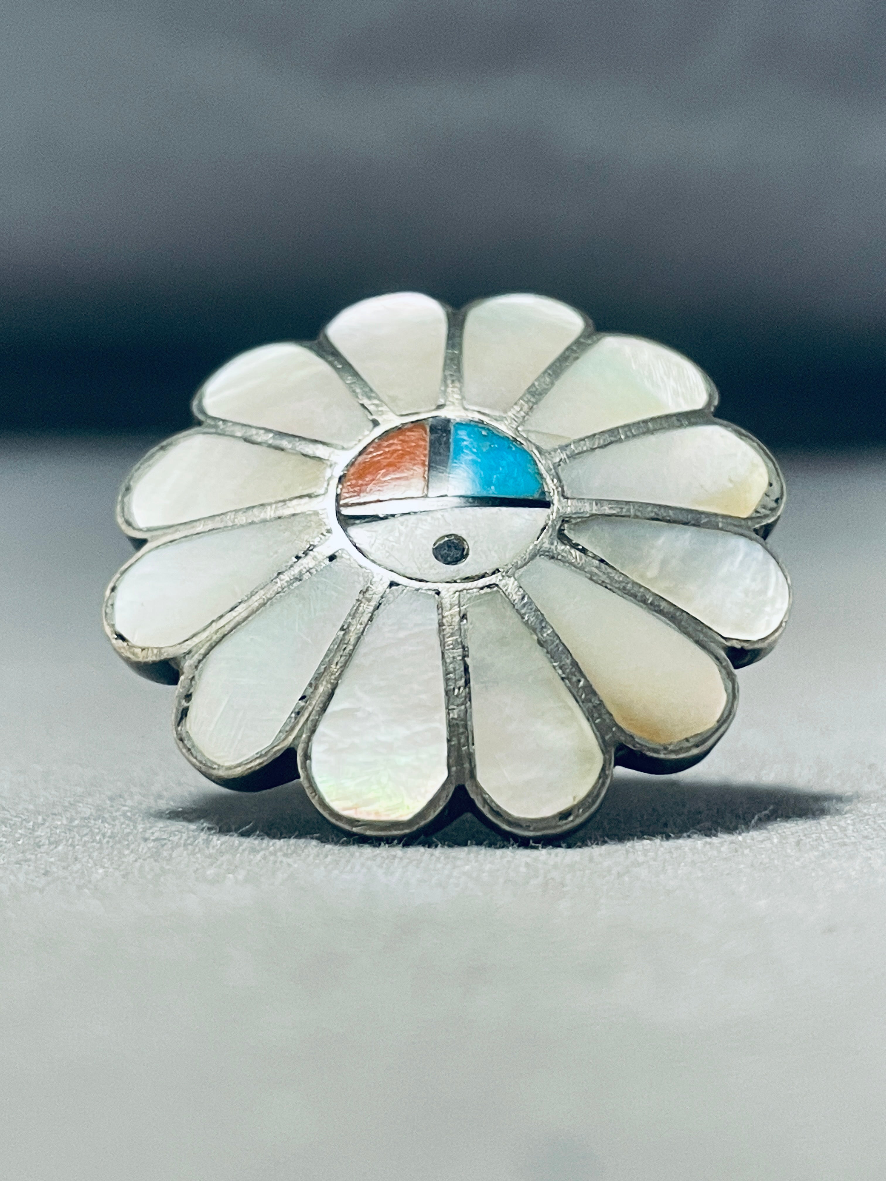 Handmade Native American Zuni inlay Mother of pearl Zuni sun face Zia symbol sterling silver money high quality clip signed & stamped