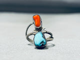 Marvelous Vintage Native American Navajo Morenci Turquoise Coral Sterling Silver Ring-Nativo Arts