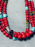 Native American Singer Chunky Coral Sterling Silver Turquoise Necklace-Nativo Arts