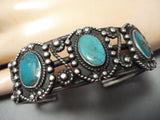 Early 1900's Vintage Native American Navajo Blue Gem Turquoise Sterling Silver Bracelet Old-Nativo Arts