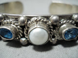 Marvelous Vintage Native American Navajo Blue Topaz, Pearl Sterling Silver Bracelet Old-Nativo Arts
