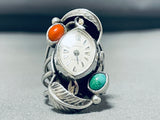 Native American Extremely Rare Watch Turquoise Coral Sterling Silver Ring-Nativo Arts