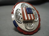 Important Native American Navajo Red White Blue Lapis Coral Sterling Silver Ring-Nativo Arts