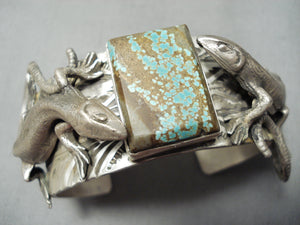 Incredible Double Lizard Native American Navajo #8 Turquoise Sterling Silver Bracelet-Nativo Arts
