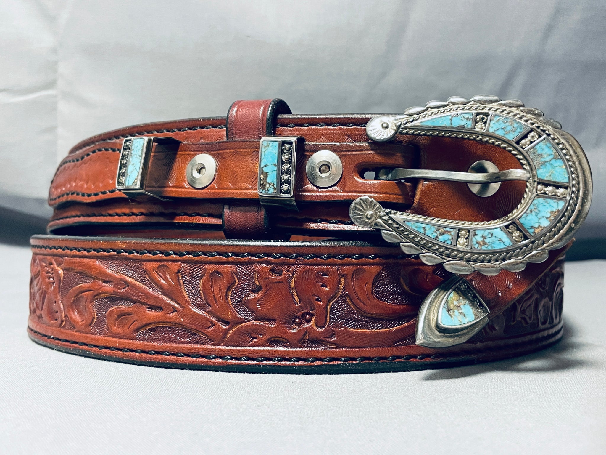 Sterling Silver & Inlaid Turquoise Western Tool Engraved Leather Belt Buckle  Strap