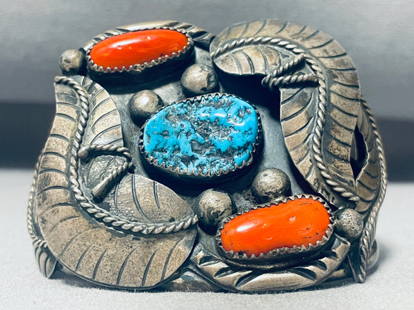 Garden Of Leaves Museum Vintage Native American Navajo Turquoise Coral Sterling Silver Bracelet-Nativo Arts