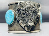 Massive 135 Gram Buffalo Head Native American Navajo Turquoise Sterling Silver Bracelet-Nativo Arts