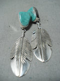 Marvelous Native American Navajo Royston Turquoise Sterling Silver Feather Earrings-Nativo Arts