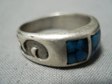 Intricate Vintage Native American Navajo Turquoise Inlay Sterling Silver Ring Old-Nativo Arts