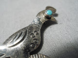 Whimsical Vintage Native American Navajo Turquoise Sterling Silver Roadrunner Pin Old-Nativo Arts