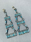 Long Authentic Older Vintage Native American Zuni Turquoise Chandelier Sterling Silver Earrings-Nativo Arts