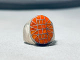 Most Intricately Inlaid Coral Thicker Vintage Native American Zuni Sterling Silver Ring-Nativo Arts