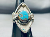 Unique Diamond Shaped Vintage Native American Navajo Turquoise Sterling Silver Ring Old-Nativo Arts