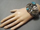 Huge Native American Navajo Bear Sterling Silver Turquoise Bracelet-Nativo Arts