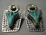 Huge Detailed Vintage Native American Navajo Turquoise Sterling Silver Cactus Earrings-Nativo Arts