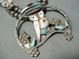 Intricate!! Vintage Native American Zuni Turquoise Sterling Silver Owl Squash Blossom Necklace-Nativo Arts