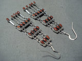 Rare Double Sided Native American Zuni Chandelier Coral Turquoise Sterling Silver Earrings-Nativo Arts