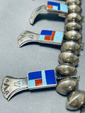 Native American 312 Gram Vintage Navajo Inlay Turquoise Sterling Silver Squash Blossom Necklace-Nativo Arts