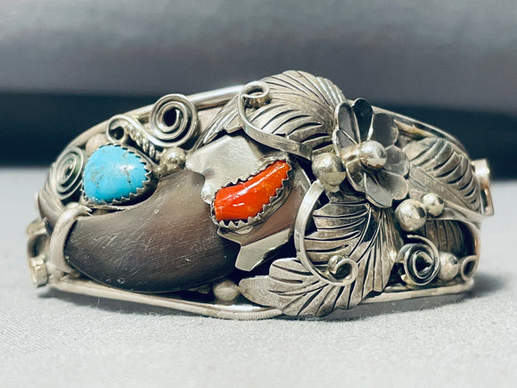 Authentic Native American Navajo Turquoise Coral Sterling Silver Leaf Bracelet-Nativo Arts