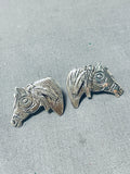 Important Native American Navajo Signed Sterling Silver Horses Earrings-Nativo Arts