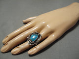 Exquisite Vintage Native American Navajo Blue Gem Turquoise Sterling Silver Ring Old-Nativo Arts