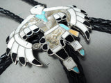 Native American Dancing Eagle Kachian Vintage Zuni Turquoise Sterling Silver Bolo Tie Old-Nativo Arts