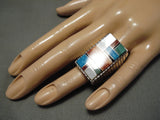 Huge Intricate Native American Navajo Turquoise Inlay Sterling Silver Ring-Nativo Arts
