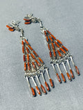 Exquisite Native American Zuni Coral Needlepoint Sterling Silver Earrings-Nativo Arts