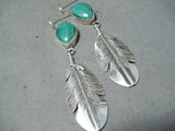 Awesome Navajo Native American Malachite Sterling Silver Feather Earrings-Nativo Arts