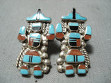 Exceptional Native American Zuni Turquoise Coral Inlay Sterling Silver Kachina Earrings-Nativo Arts