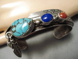 Museum Vintage Native American Navajo Dangle Feather Turquoise Sterling Silver Bracelet Old-Nativo Arts