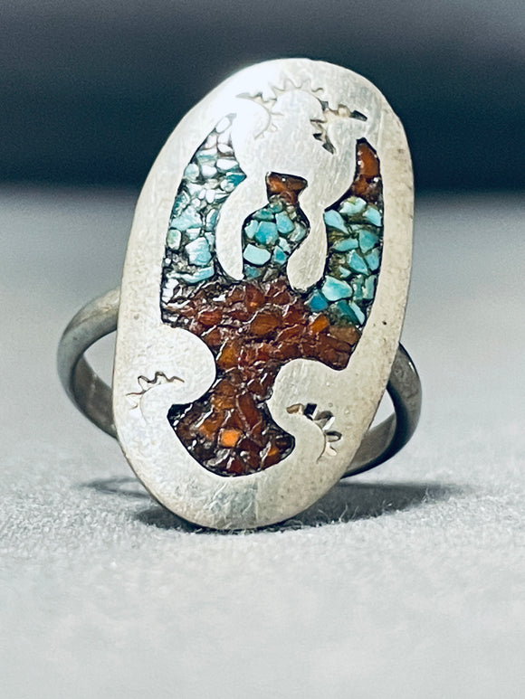 Singer Family Vintage Native American Navajo Turquoise Coral Inlay Sterling Silver Ring-Nativo Arts