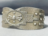 Superb Native American Navajo Signed Sterling Silver Geometric Heavy Bracelet-Nativo Arts