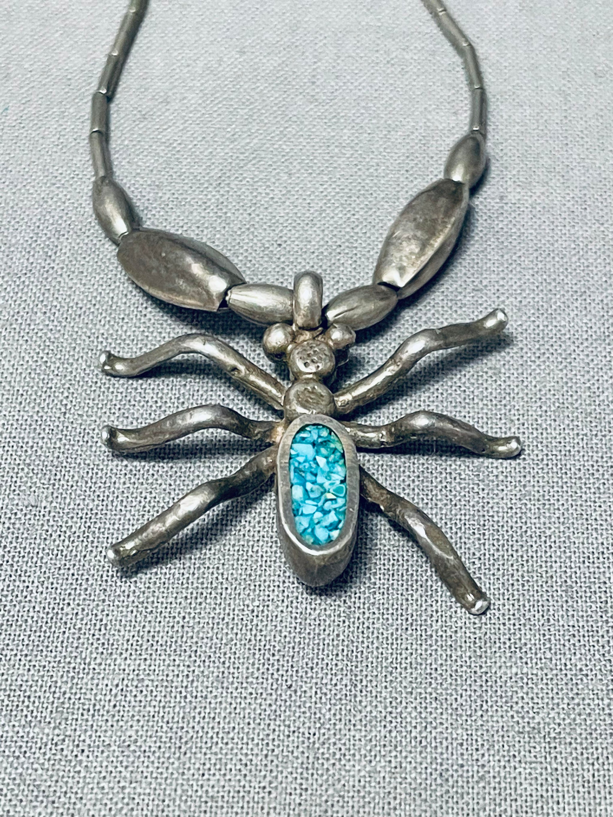 Handmade Genuine Spider Web Turquoise & Sterling hot Silver Necklace 30