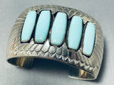 Signed Wide Unique Shape Turquoise Vintage Native American Navajo Sterling Silver Bracelet-Nativo Arts