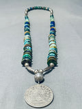 Native American Unique Vintage Navajo Turquoise Sterling Silver Coin Necklace-Nativo Arts