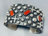 Dynamic Native American Navajo Coral Cross Sterling Silver Bracelet Signed-Nativo Arts