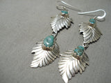 Native American Wonderful Hand Carved Sterling Silver Leaves Turquoise Earrings-Nativo Arts