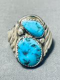 Rick Long Vintage Signed Native American Navajo 2 Morenci Turquoise Sterling Silver Ring-Nativo Arts