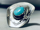 Signed Native American Navajo Old Kingman Turquoise Sterling Silver Cowboy Hat Ring-Nativo Arts