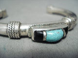 Unique Vintage Native American Navajo Blue Gem Turquoise Jet Sterling Silver Bracelet Old-Nativo Arts